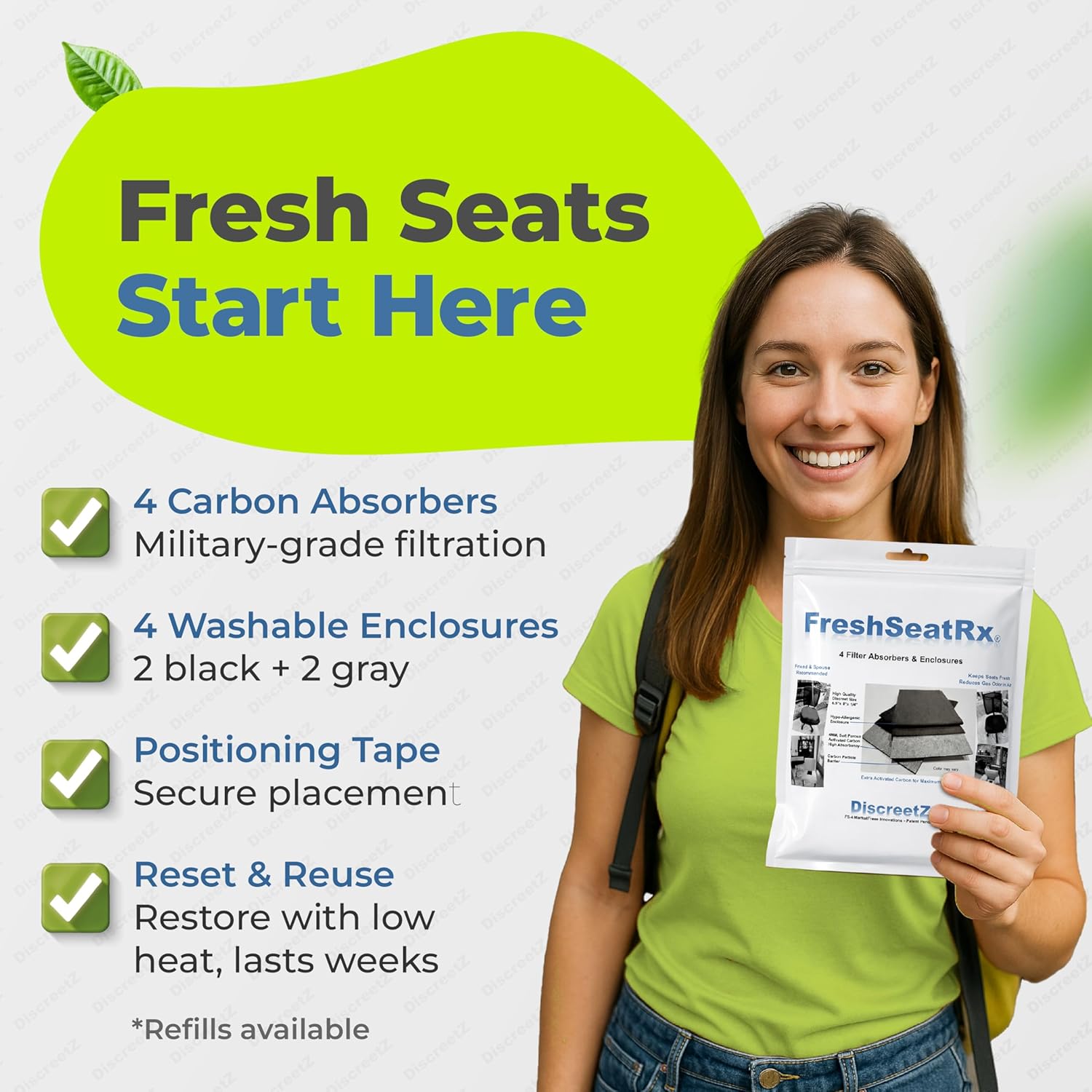 FreshSeatRx 4-Discreet Odor Removal Chair Pads. Orthopedic Cushion Seat Pads Prevent Gassy Seating & Room Air Odors. Home, Office, Car, Flight, All Seats. Activated Charcoal & Carbon Gas Pad FS-4