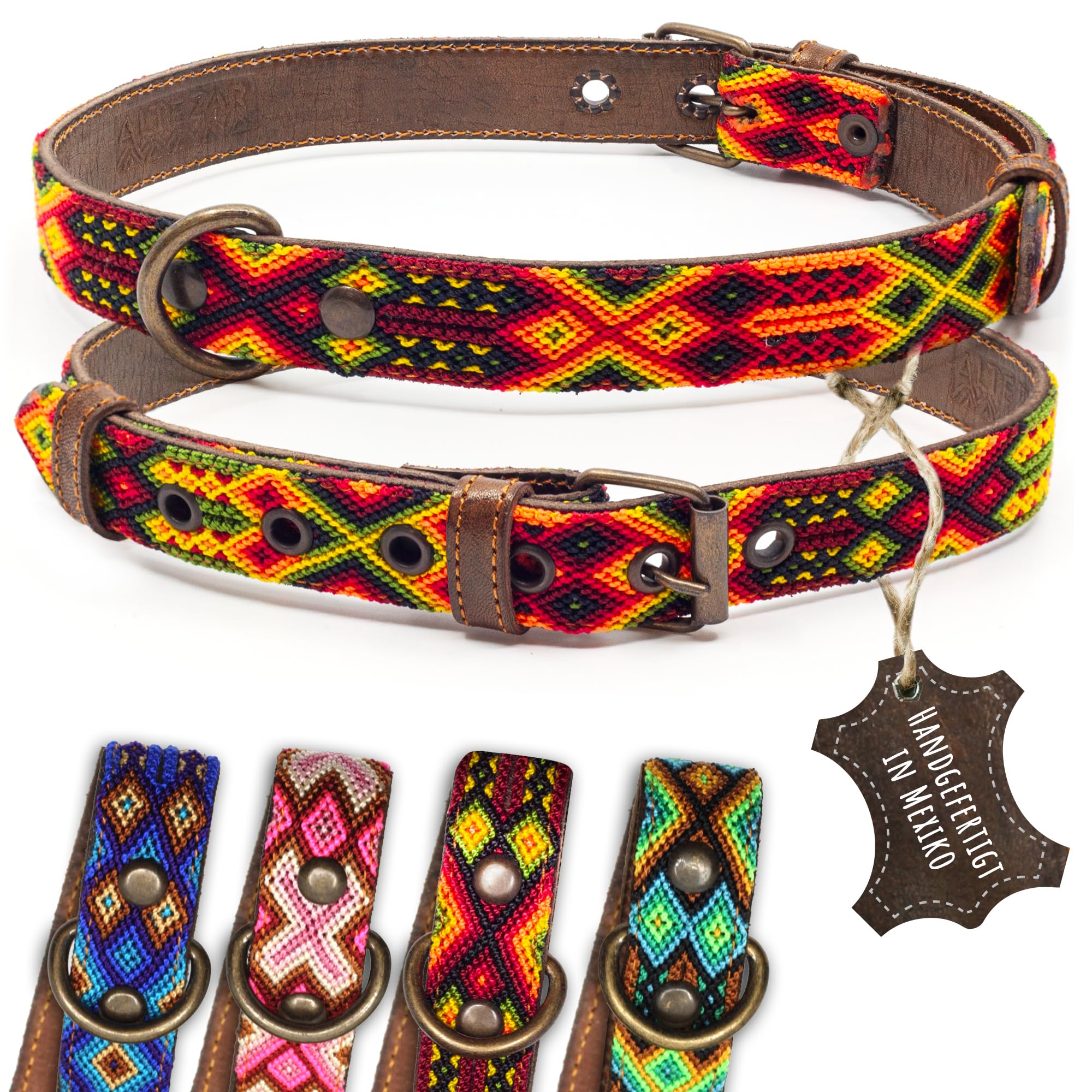 Collares de Perro, Collar para perro de piel de vacuno marrón tribal rojo fuego bordado en todo color amarillo/naranja/rojo - Hecho a mano en México Collar de cuero - Talla L