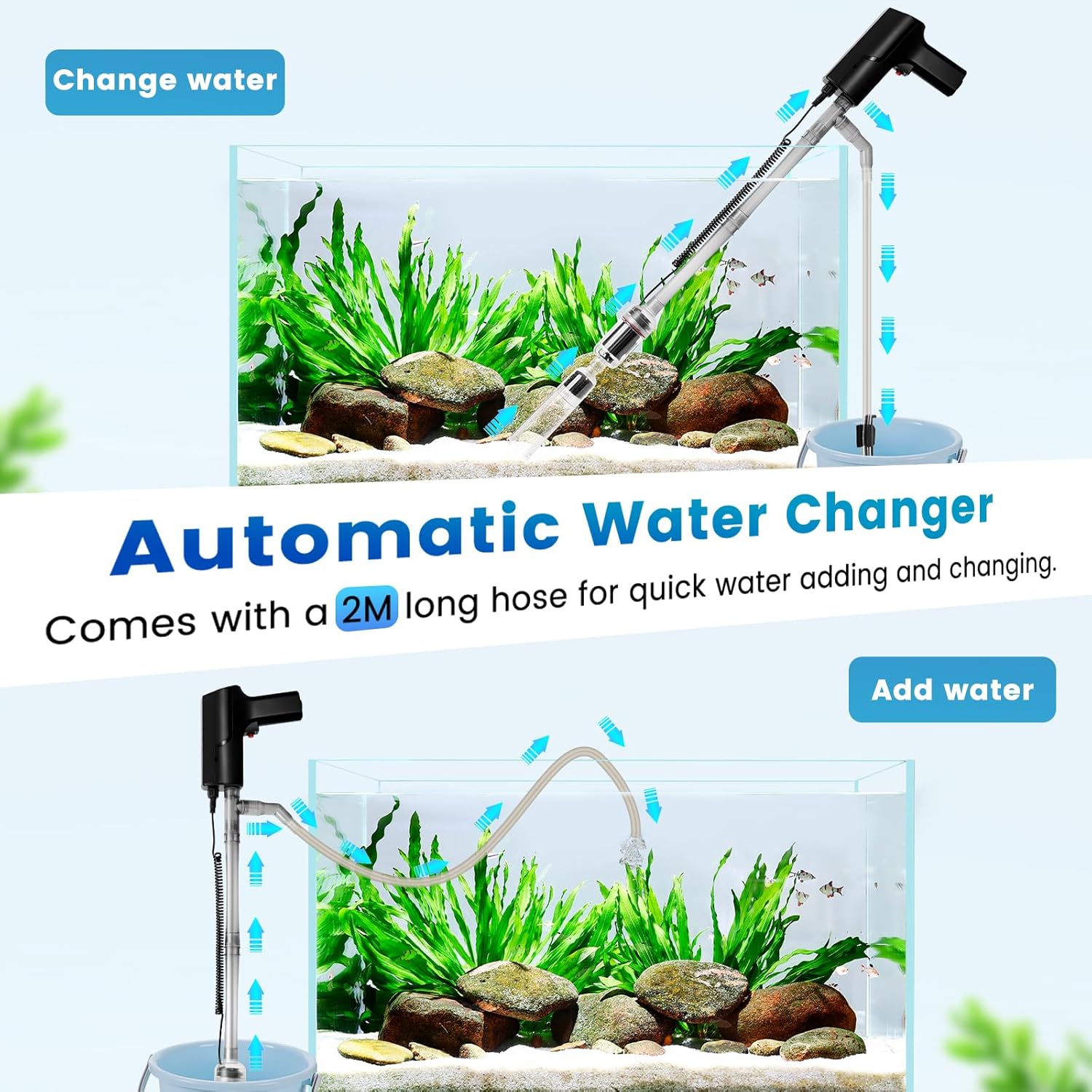 hygger Battery Powered Aquarium Vacuum Gravel Cleaner, 6 in 1 Automatic Fish Tank Vacuum Handle Control, Powerful Gravel Vacuum for Aquarium, Water Changer Sand Washer Water Filter Adjustable Length