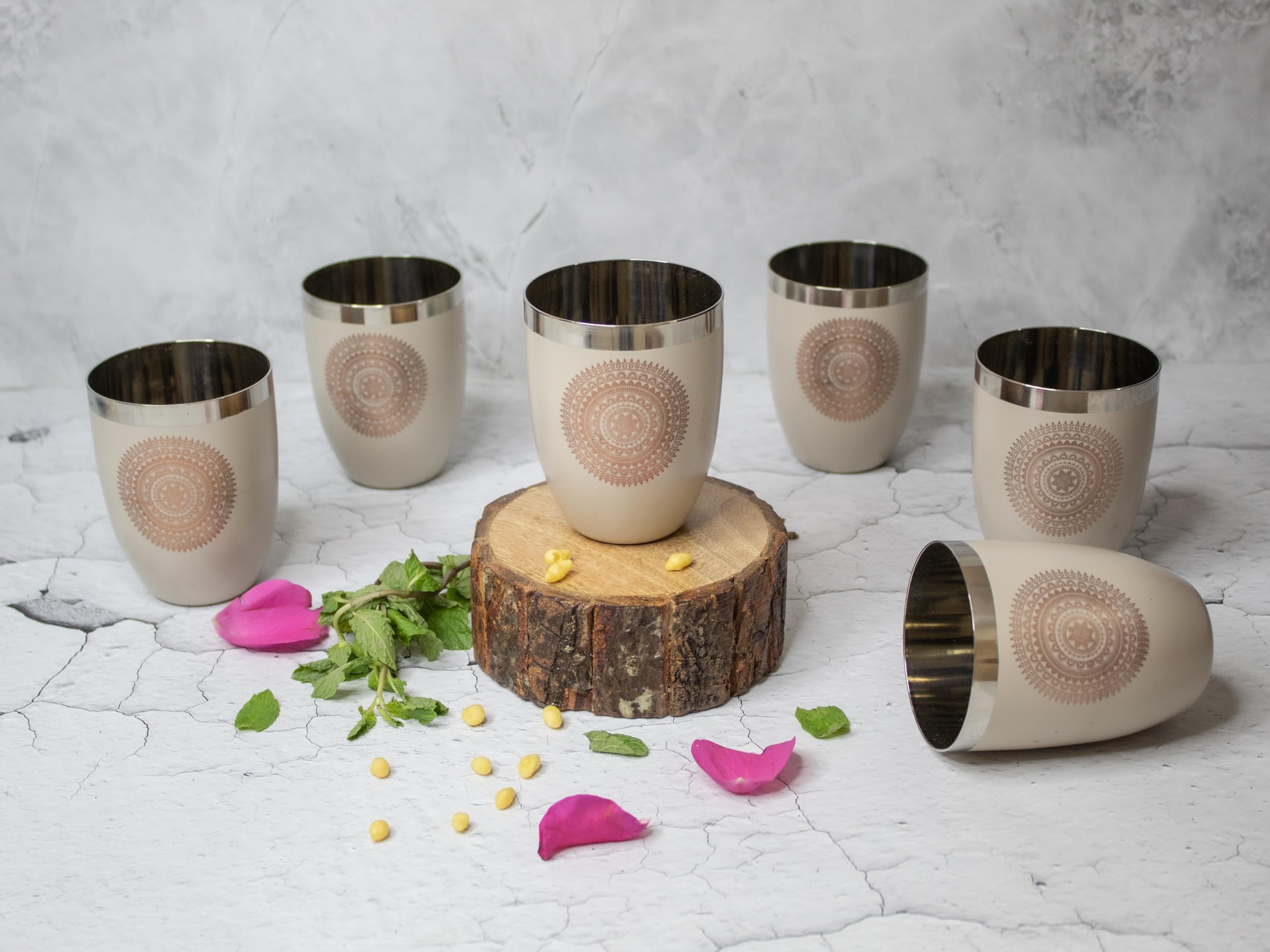 JISCOVERY Stainless Steel Printed Round Glasses Set of 6 for Water, Milk, Lassi & Juice| Designer Serving Glass Set| Glass Tumblers| Coffee Brown| Capacity- 300 ML (Each) (B0CZJLQKML) Amazon Price History, Amazon Price Tracker