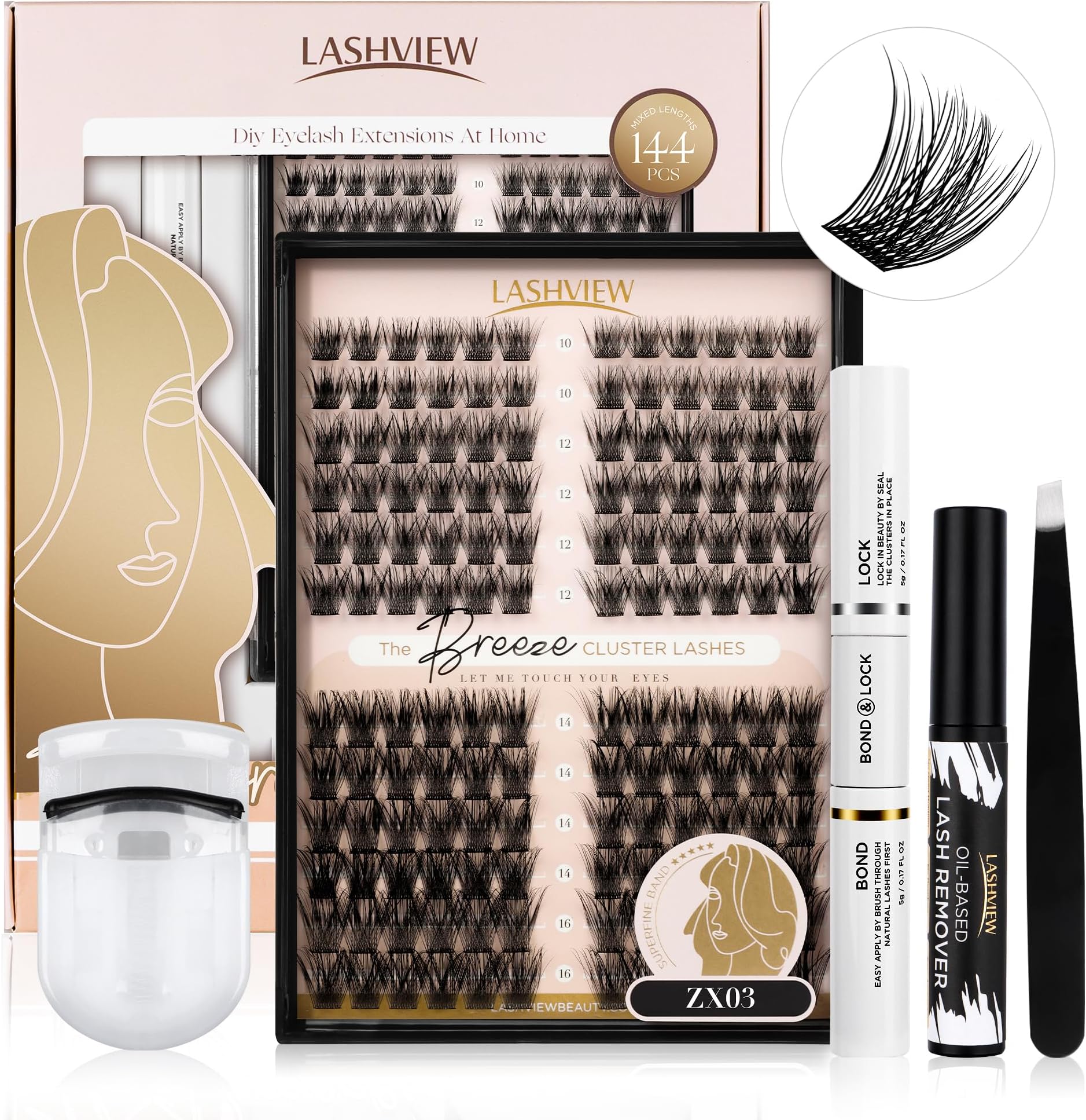 LASHVIEWDIY Eyelash Extensions Kit,144 Pcs Lash Clusters, Eyelash Clusters Golden Tweezer, Cluster Lashes Bond and Seal Waterproof for DIY Lash Extensions (ZX3-D-mix)