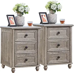 18" Farmhouse Night Stand Set of 2, Gray Wood Nightstand with 3 Drawers, Bedside End Table with Storage and Roman Column, Bed Side Tables Cabinet for Bedroom, Living Room, and Closet