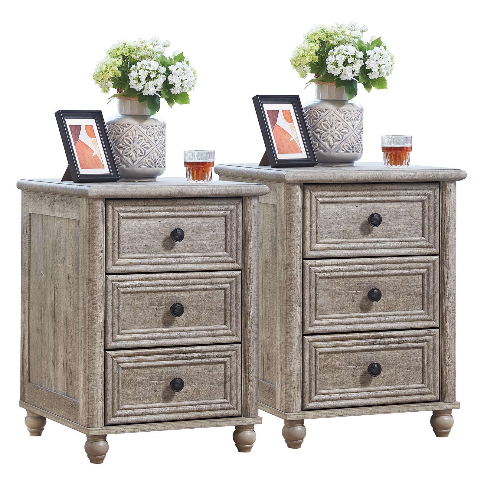 RWYHG 18" Farmhouse Night Stand Set of 2, Gray Wood Nightstand with 3 Drawers, Bedside End Table with Storage and Roman Column, Bed Side Tables Cabinet for Bedroom, Living Room, and Closet