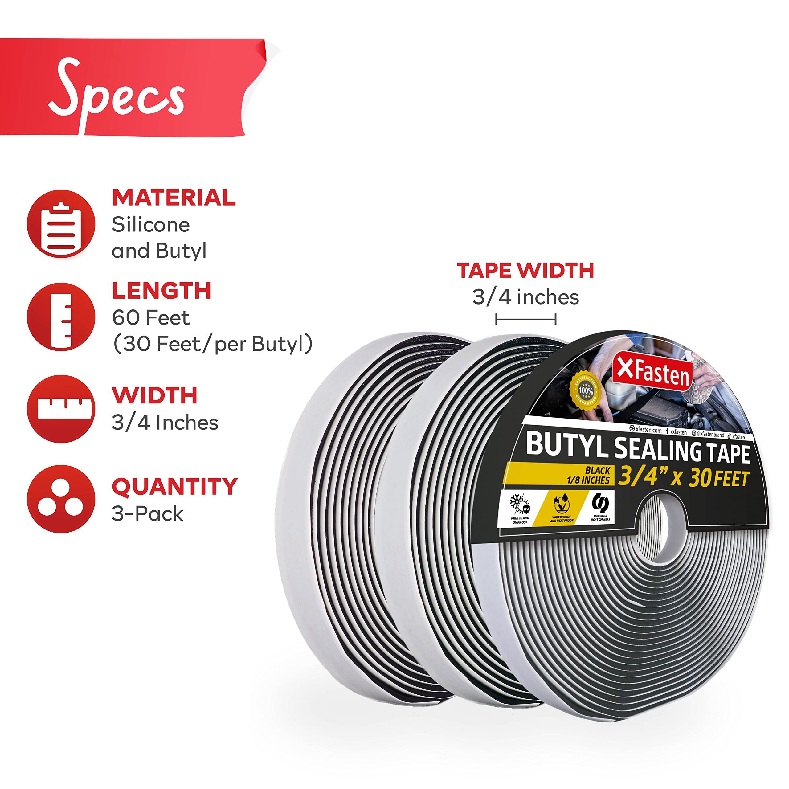 XFasten Butyl Putty Tape, Black, 1/8 X 3/4 X 30