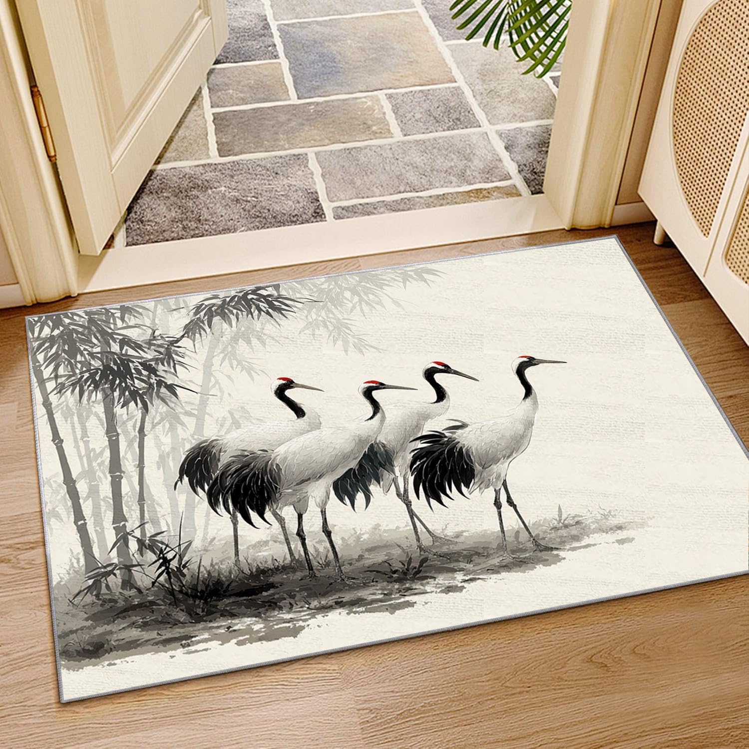 Kolorowy drukowany dywan do salonu Żurawie stojące na bambusowych dywanikach do salonu, sypialni dla dorosłych Jadalnia Biuro (szary)-150x240cm