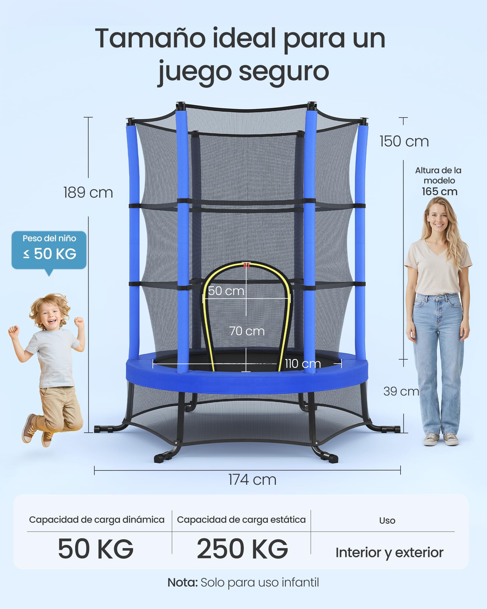 SONGMICS Cama Elástica Infantil, 174 cm de Diámetro, con Redes de Seguridad, Almohadillas de Seguridad, Mini Cama de Fitness, Marco de Acero, Uso Interiore