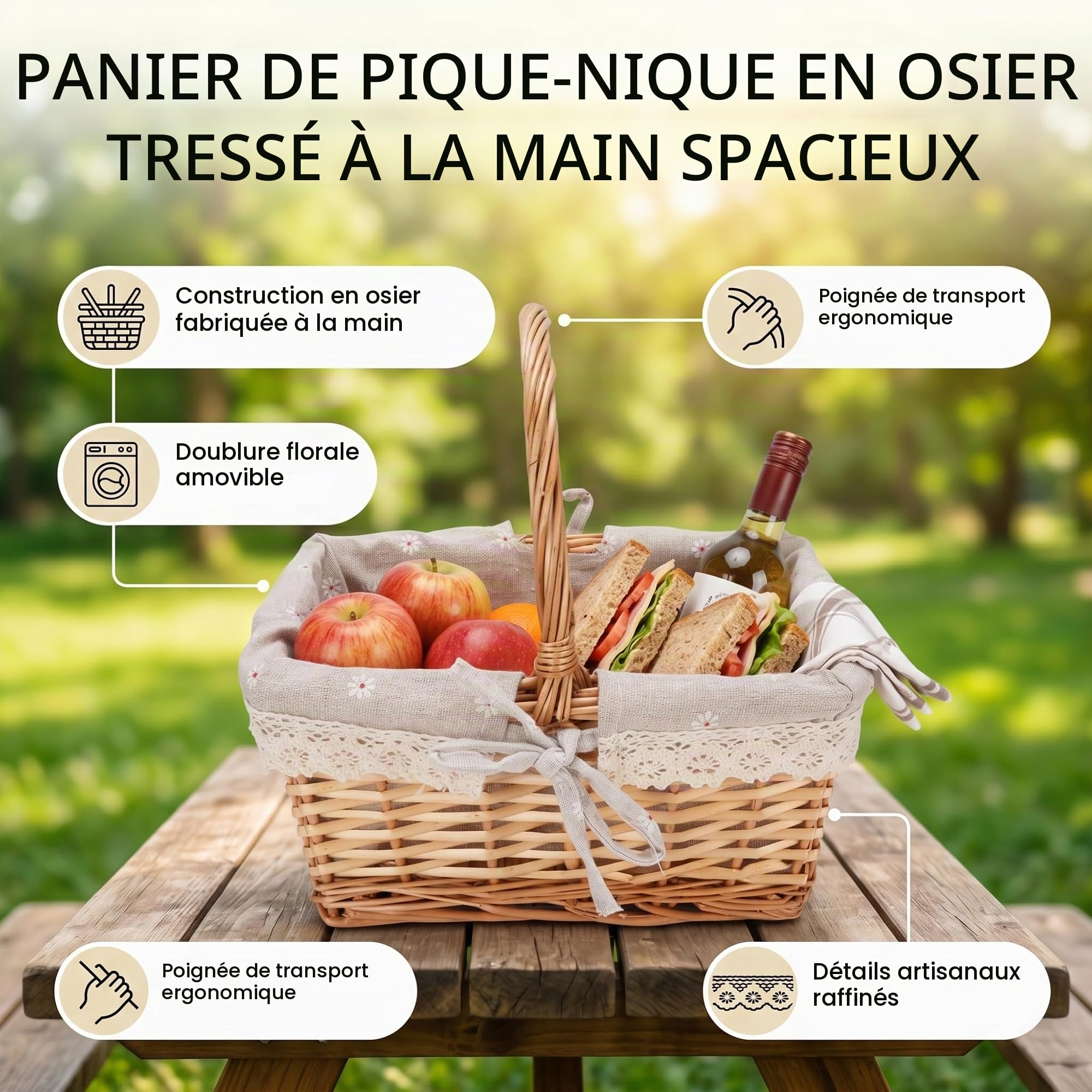 Cocoarm Panier de Pique-Nique en Osier, tissé à la Main Vintage, Doublure Amovible, pour Camping Maison, Rangement Polyvalent, 9,84x7,48x5,12 Pouces (Marguerite) | Tissé Main Doublure Amovible, Camping Maison Rangement, Accessoire Pique-Nique Élégant