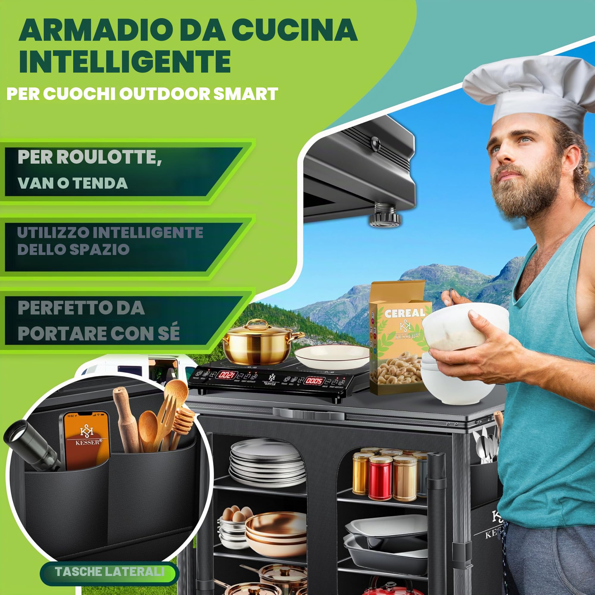 KESSER Mobiletto da campeggio pieghevole in alluminio 84x80 cm 6 scomparti zanzariera UV