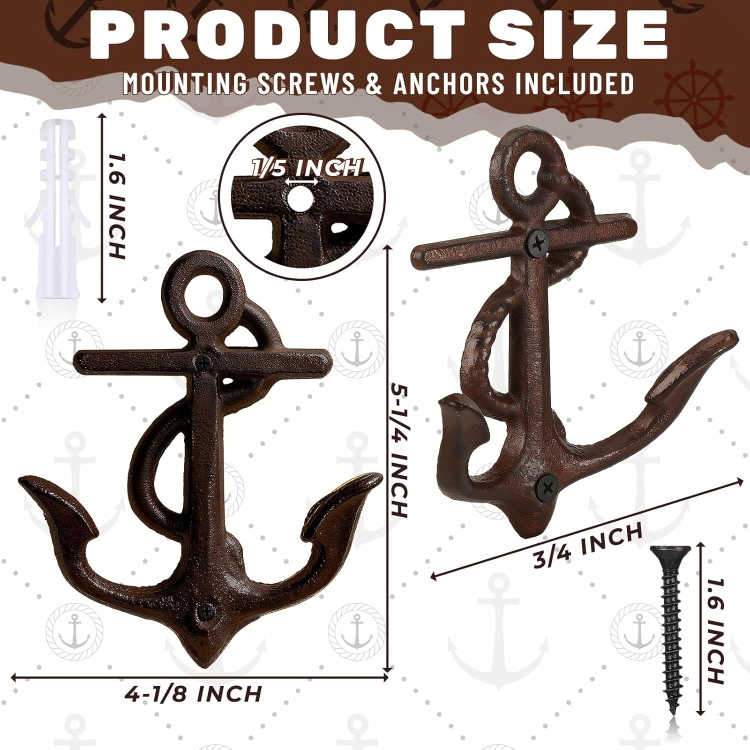 6 Pcs Cast Iron Nautical Anchor Hook with Screws Nautical Wall Decor Rustic Solid Cast Iron Outdoor Coat Hooks 5-1/4 Inch Tall for Coats Bags Keys Hats - Image 2