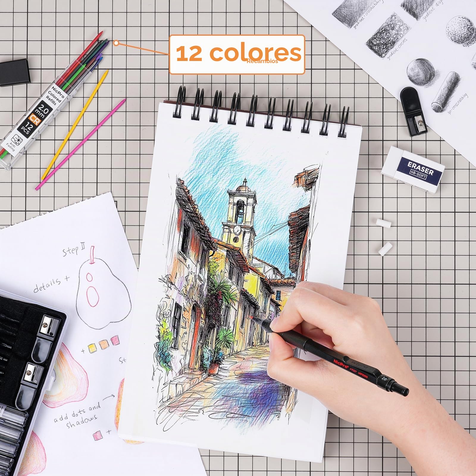 Nicpro 35 Piezas Portaminas Metal en Estuche, Profesionales Lápiz Dibujo Artístico 0.5, 0.7, 0.9 y 2mm Lápices Mecánicos con 20 tubos Recargas (HB 2H 2B 4H 4B 6B 6B Colors) para Dibujar Bosquejo-Negro