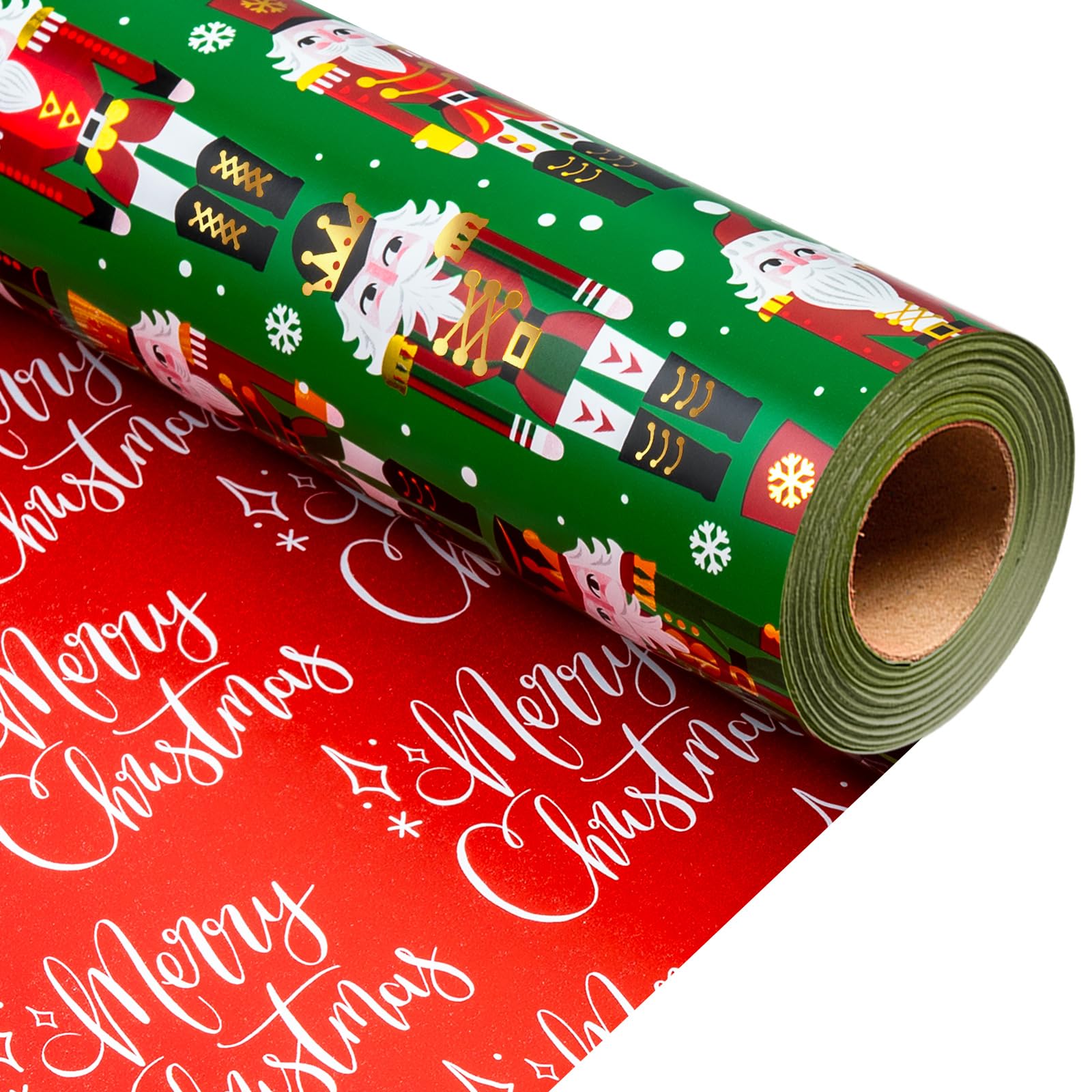 MAYPLUSS Christmas Nutcracker Wrapping Paper, Reversible Christmas Gift Wrapping Paper, Funky Cute Green Nutcracker Print Thick Gift Wrap Metallic Foil Paper for Holiday (Mini Roll, 17 Inch X 33 Feet) — image 1