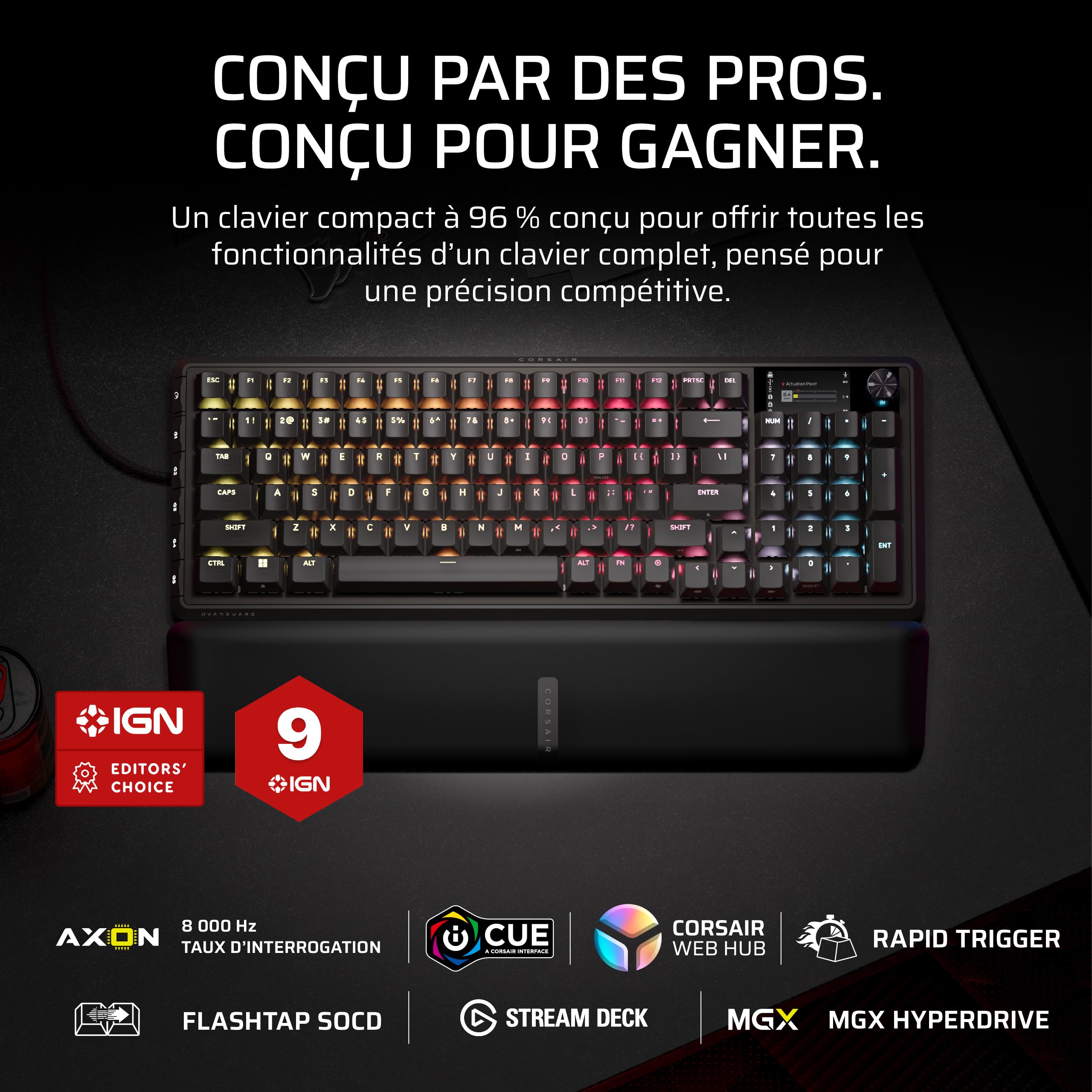 Corsair Vanguard Pro 96 Hall Effect Clavier de Jeu Mécanique Filaire Noir | AZERTY FR, 96%, MGX Hyperdrive Commutateurs, Interrogation 8 000 Hz, Rapid Trigger, Stream Deck Virtuel, SOCD Flashtap