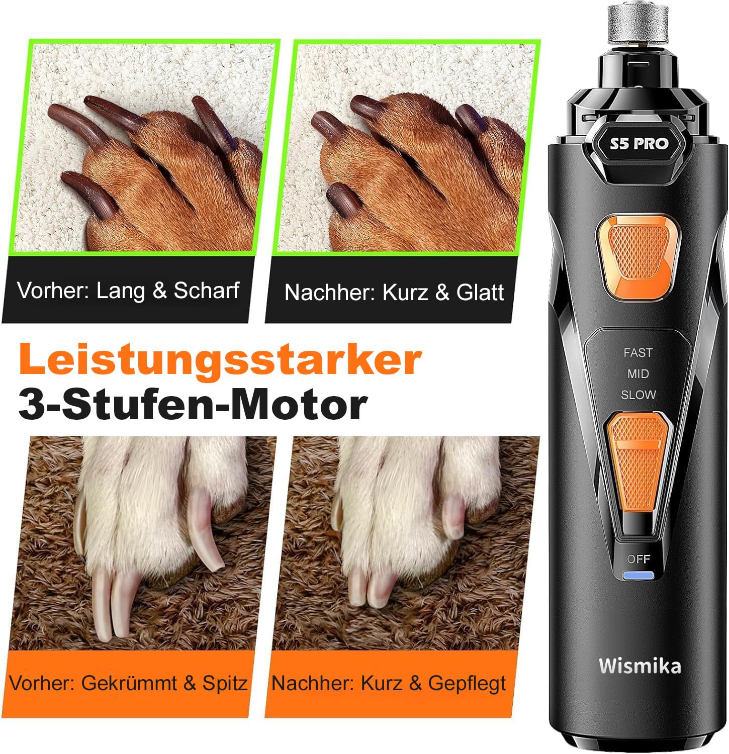 Krallenschleifer für Hunde mit 4 LED-Leuchten,3 Geschwindigkeiten Neuester Nagelfräse mit Krallenschere, Superleise, Wiederaufladbar für Hunde und Katzen Aller
