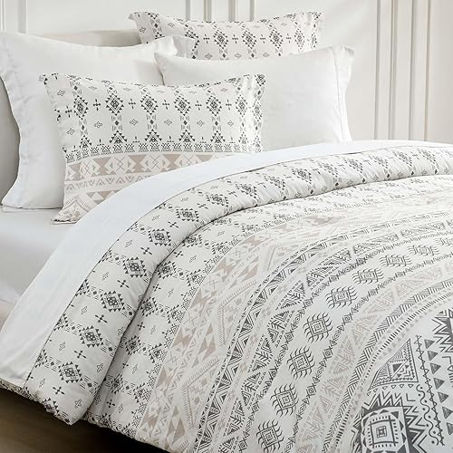 SahSahCasa Juego de edredón tamaño King, juego de ropa de cama de edredón bohemio de color blanco y gris, mullido, fresco, ligero, a rayas, para