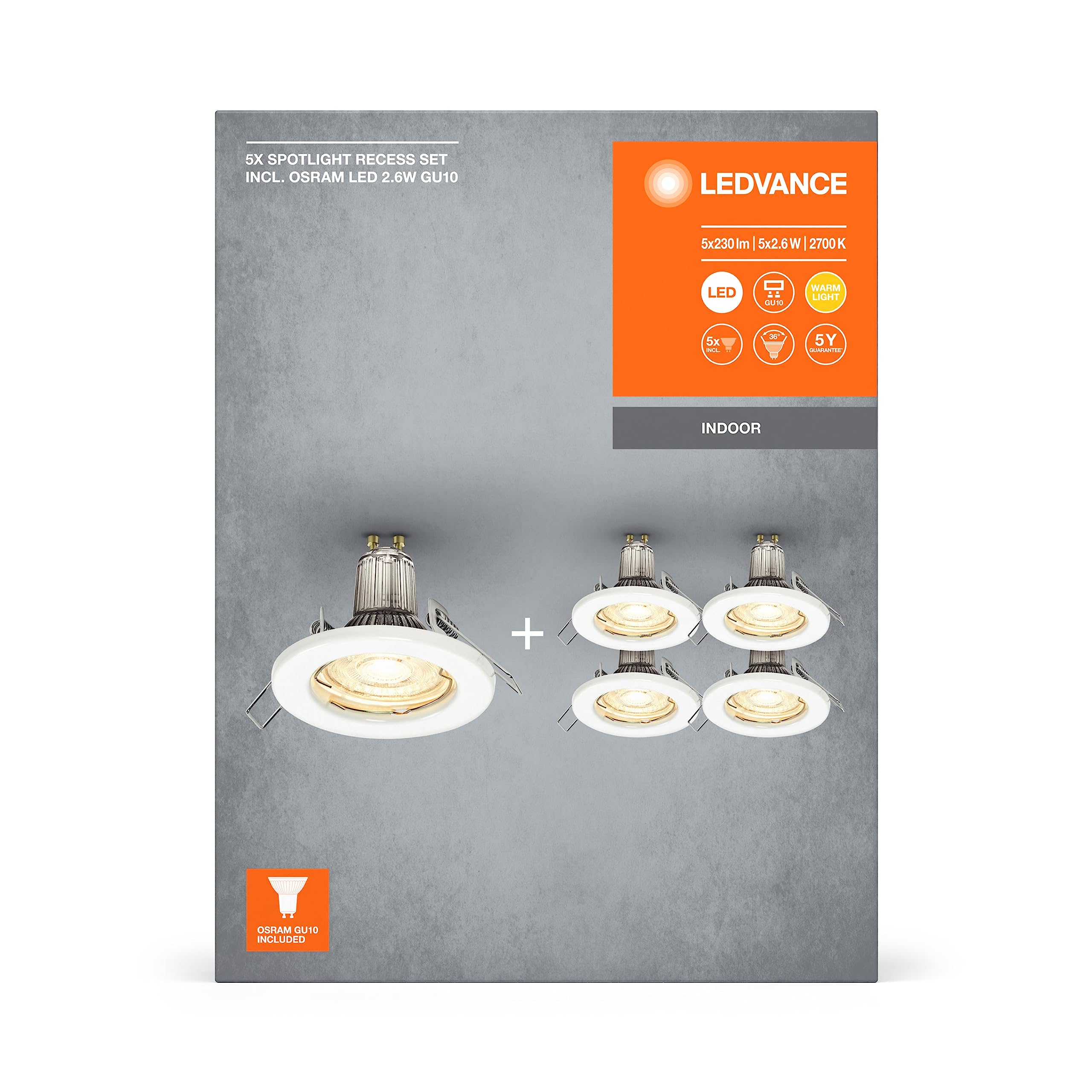 LEDVANCE Subsiders de Spot en un paquete 5, incluidas 5X lámparas de GU10 (5X 2.6W), blanco, carcasa metálica, protección IP20