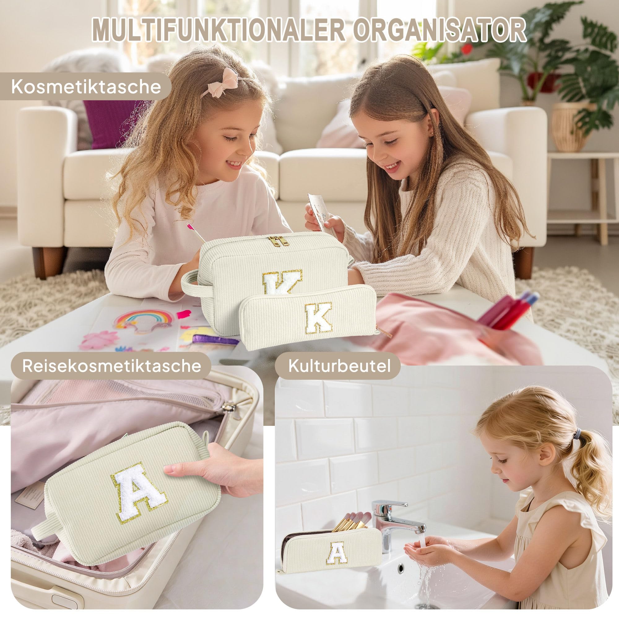 YOOLIFE Geburtstagsgeschenk Mädchen 3 4 5 6 7 8 9 10 11 12 13 14 Jahre, Kosmetiktasche Kulturbeutel Kulturtasche Make up Tasche Schminktasche Travel Bag Waschtasche Geschenk für Kinder Damen, Beige L