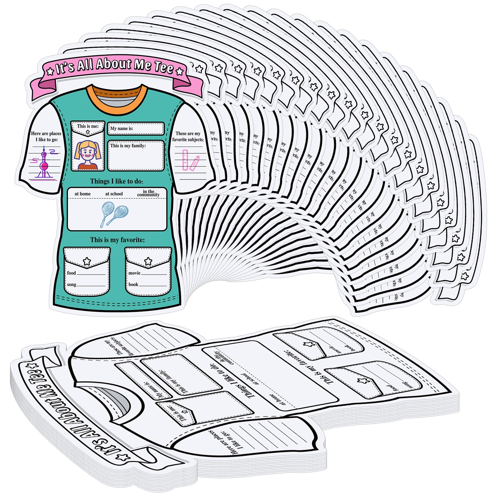 CholemyCholemy 36 Pcs All About Me Tee Poster 13.4" x 10.2" Poster Ready to Decorate and Fill in Poster Star Student Poster for Preschool Classroom Kids Students