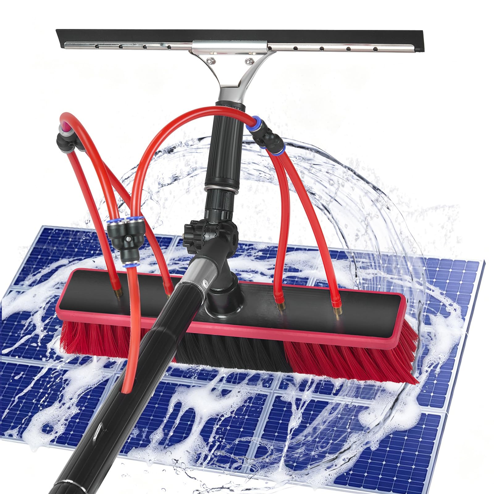 Teleskop Waschbürste mit Wasseranschluss 6m, Terrassendach-Reiniger, 180° verstellbare Photovoltaik Waschbürste, Komplettset mit Aufbewahrungstasche für PV Anlagen, Fenster, Wohnmobil & Dach