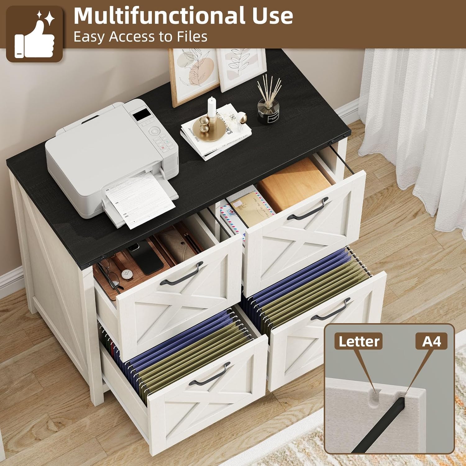Halitaa Lateral File Cabinet with 4 Drawers, Farmhouse File Cabinet for Letter/A4 Size Hanging Files, Large Wood File Storage Cabinets Printer Stand for Home Office Cabinets, Rustic White and Black