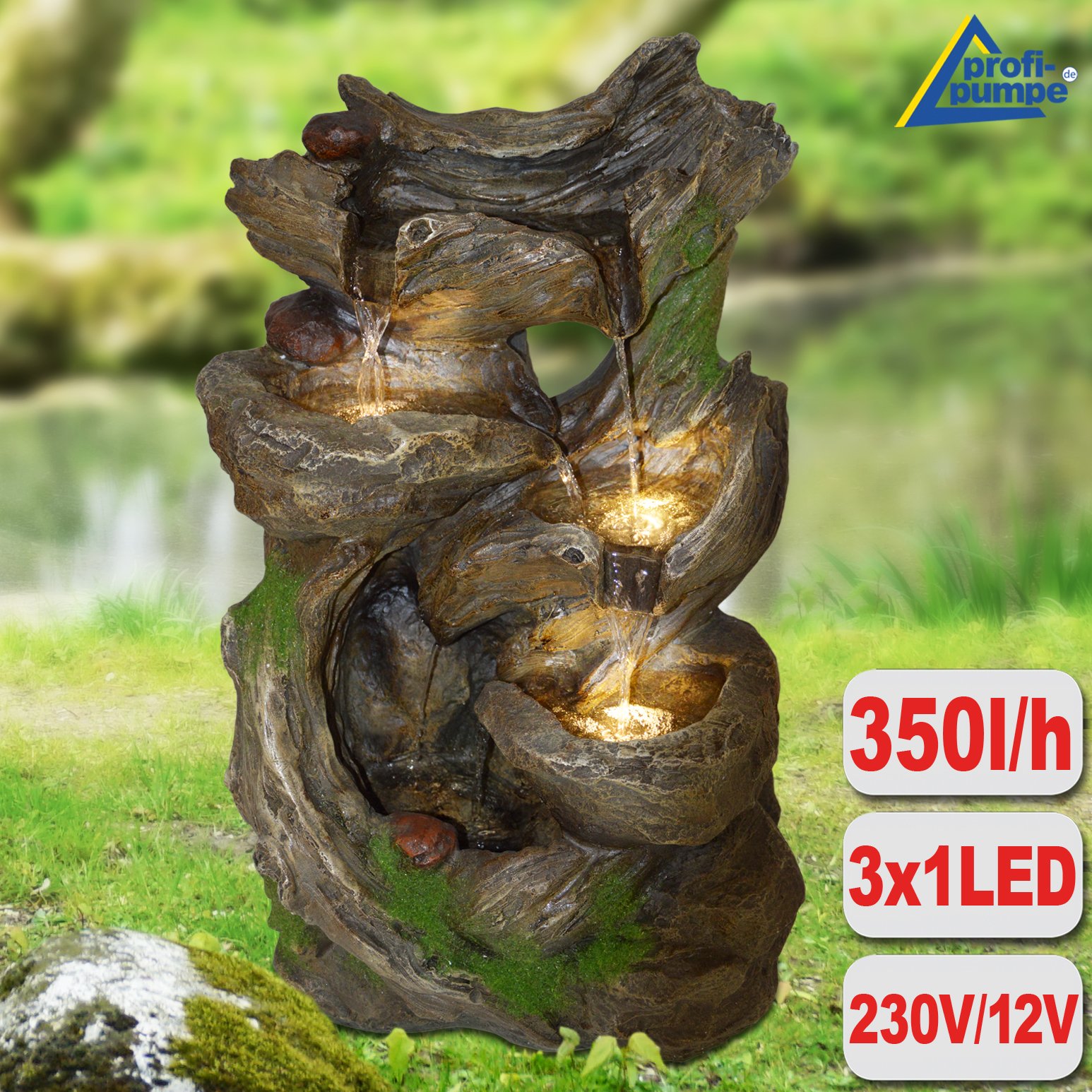Gartenbrunnen Brunnen Zierbrunnen Zimmerbrunnen Brunnen mit LED-Licht 230V Wasserfall Wasserspiel für Garten, Gartenteich, Terrasse, Teich (012)
