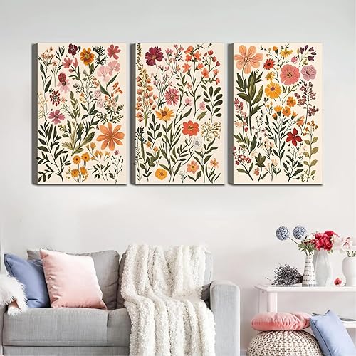 Miniatura 4 de Juego de 3 lienzos botánicos florales bohemios para pared, acuarela, flores silvestres, decoración de pared, cuadros de flores, cuadros impresos