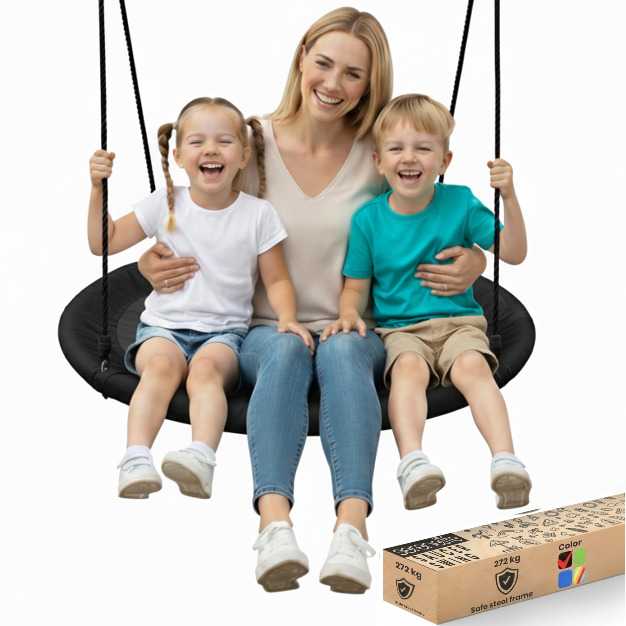 SereneLife Tree Swing Seat, Large Round Saucer Kids Swings, Adults and Kids Nest Swing, Durable Frame, 270kg Capacity, Indoor Outdoor Hanging Rope Swinging Seat for Backyard, Garden and More – Black