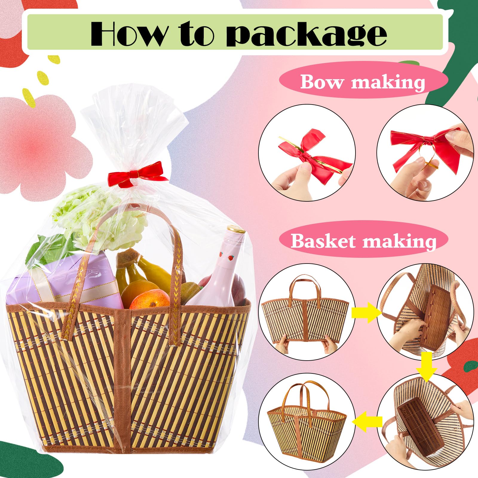 Quzzil Set di 6 cesti per regali vuoti, robusti e grandi, in bambù, con manico, con fiocco rosso da riempire per festa del papà, Natale, matrimoni, baby shower, compleanni, biglietti regalo