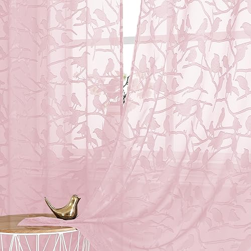 Vista 189 de OVZME - Anji Cortinas semitraslúcidas de gasa, ligeras, vaporosas, privacidad, textura, bolsillo barra doble, pájaros recortados, dormitorio, sala
