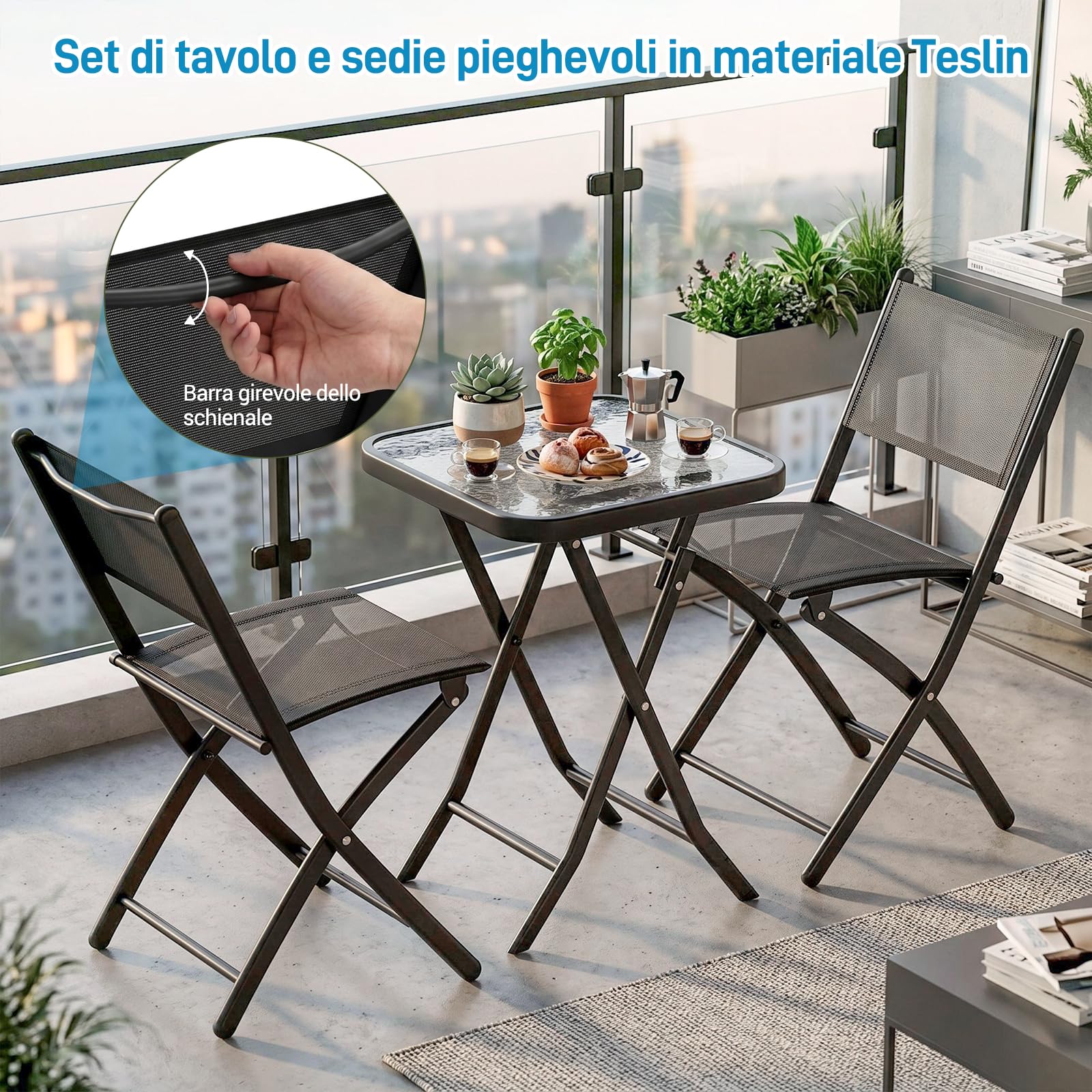 LIFERUN Set da Bistrot 3 Pezzi, Set Mobili Pieghevoli Include 1 Tavolo e 2 Sedie, Resistente alle Intemperie e Traspirante, per Piccoli Balconi e Giardini, Nero