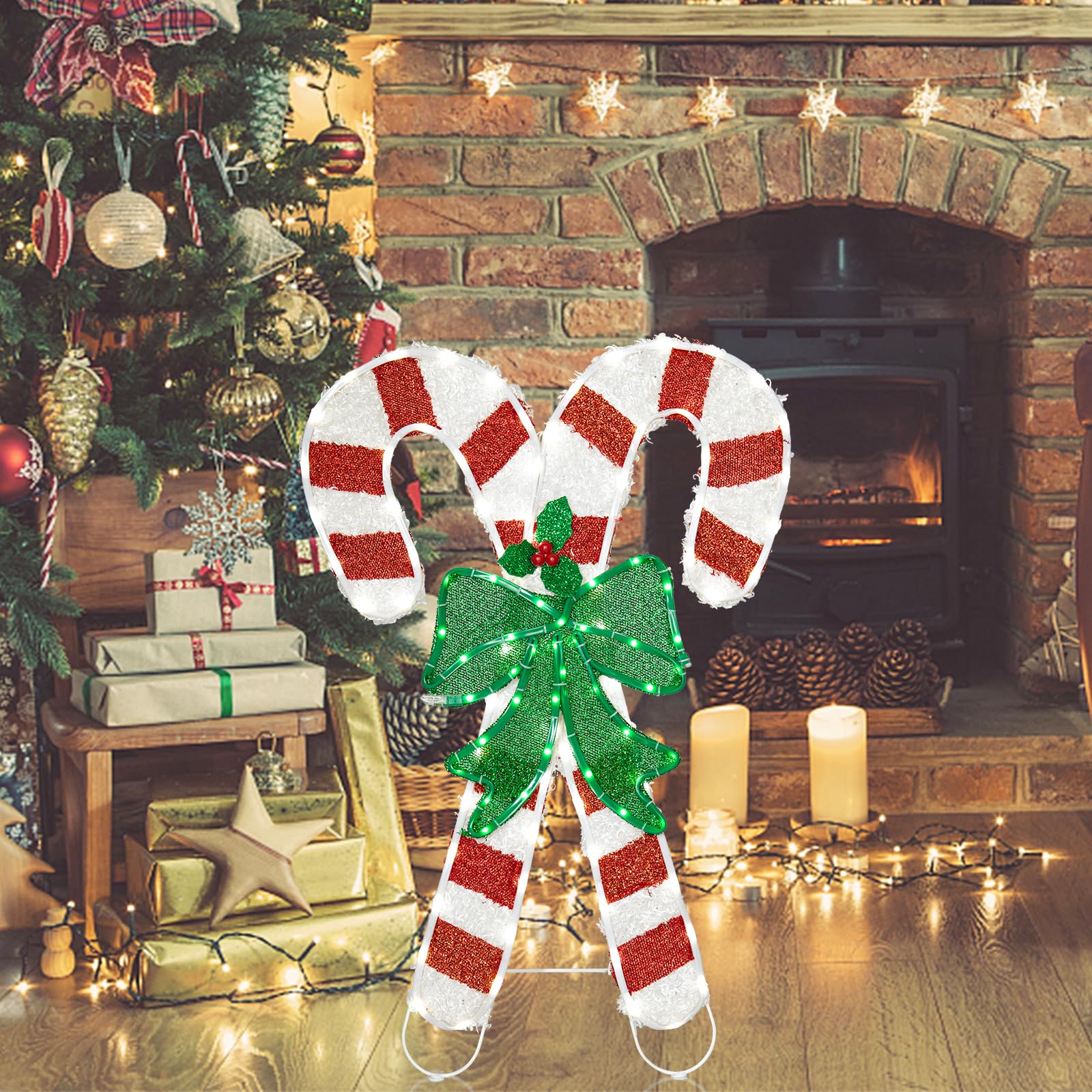 Lighted Christmas Candy Outdoor Decoration 2.6FT Xmas Candy Cane Yard Sign with Stakes for Home Garden Lawn