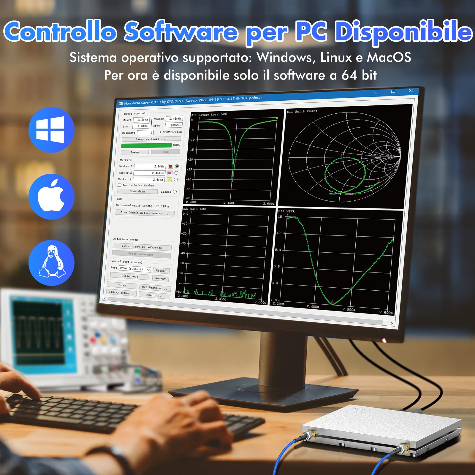 Seesii LibreVNA 2,0 Analizzatore di Rete Vettoriale,NanoVNA Analizzatore di Antenna 100kHz-6GHz 2022 Aggiornato USB Completo 2 Porte con Ingresso/Uscita di Riferimento Esterno per Parametri S Completi