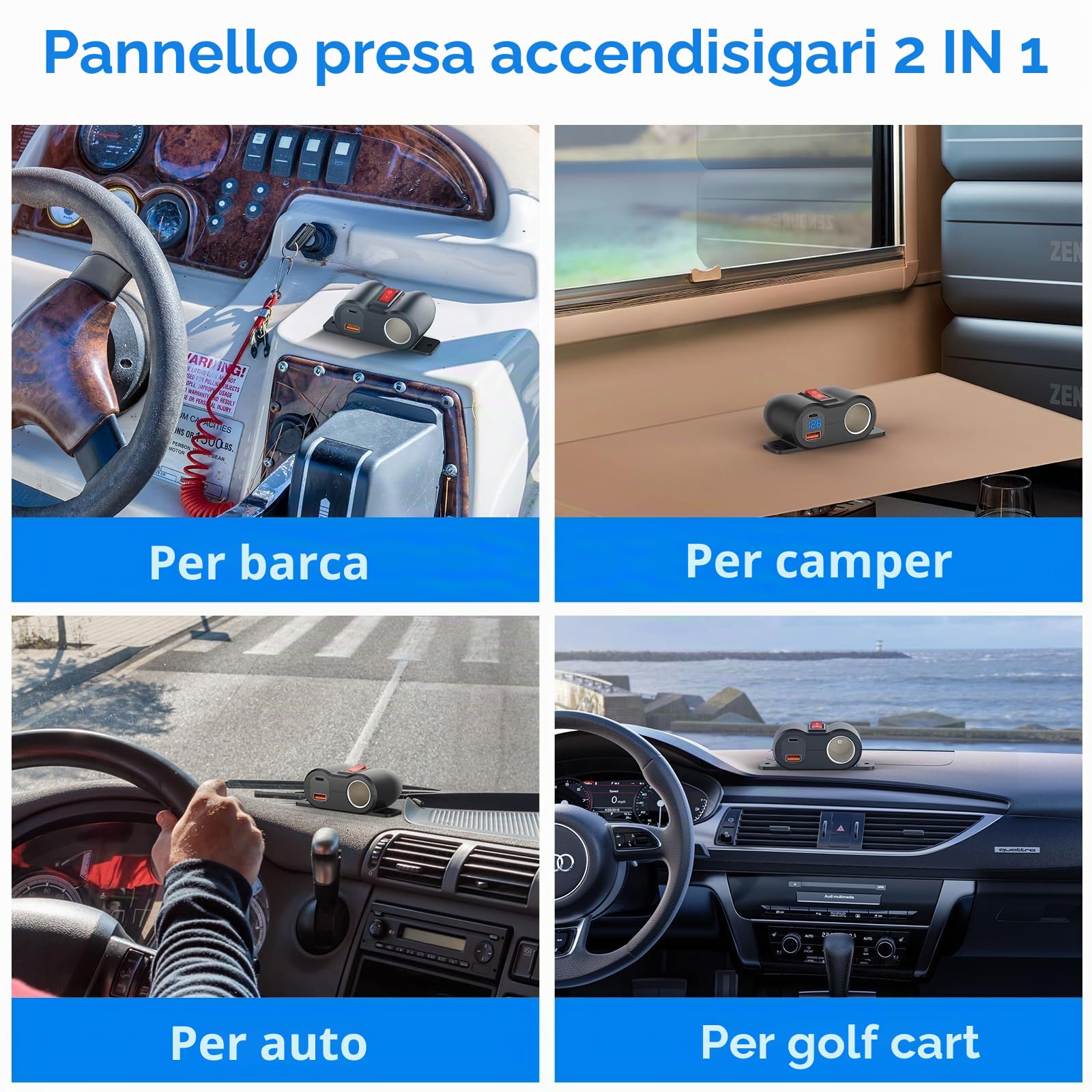 Pannello di Linea 2 in 1 Preassemblaggio Presa USB 12V Presa Accendisigari, PD 30W e Caricatore di Porte USB per Auto QC3.0 con Voltmetro a LED, Adattatore Presa 120W con Interruttore per Auto Barca