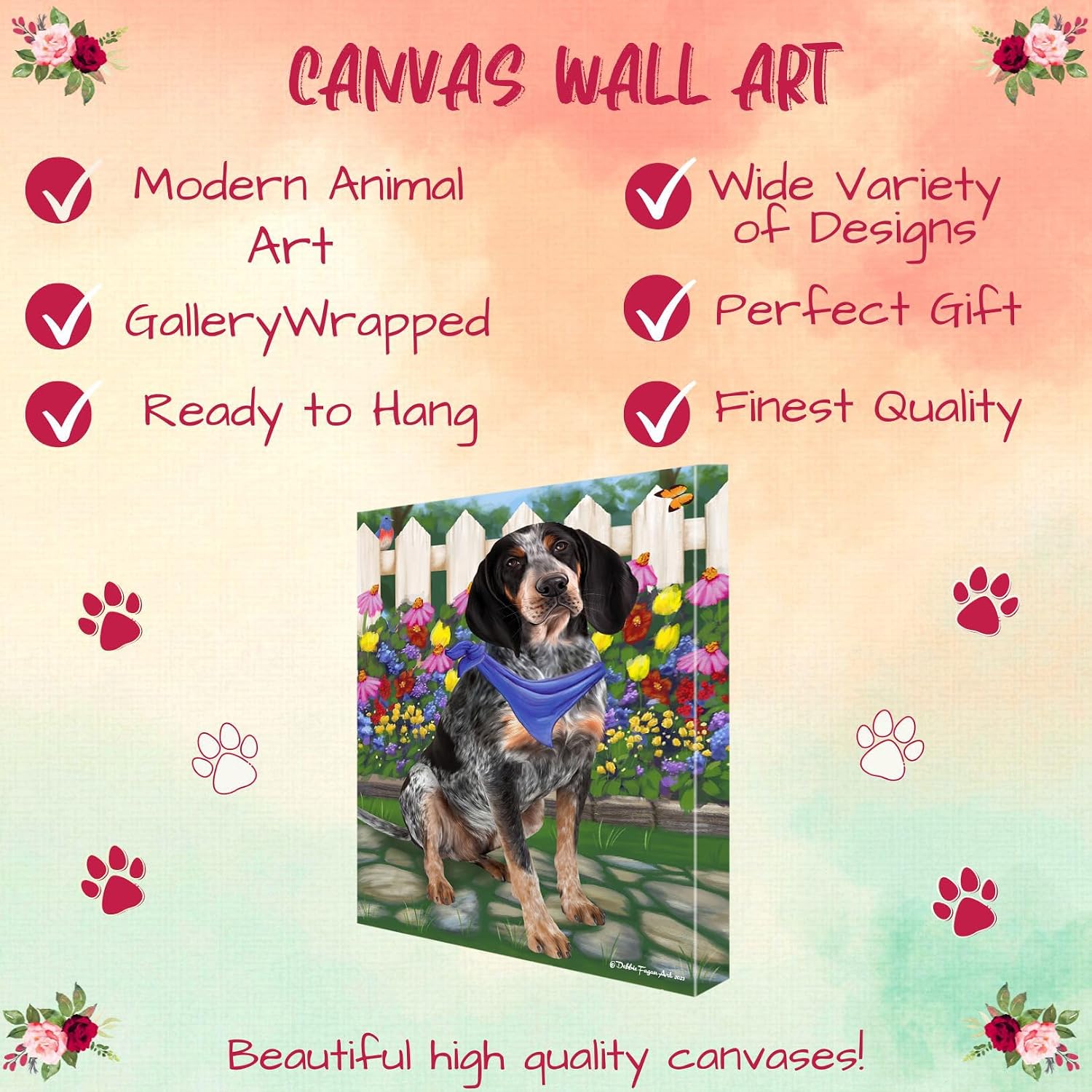 Doggie of the Day Spring Floral with Bluetick Coonhound Dogs Canvas Wall Art - Premium Quality Ready to Hang Room Decor - Flat Rolled 11" x 14"