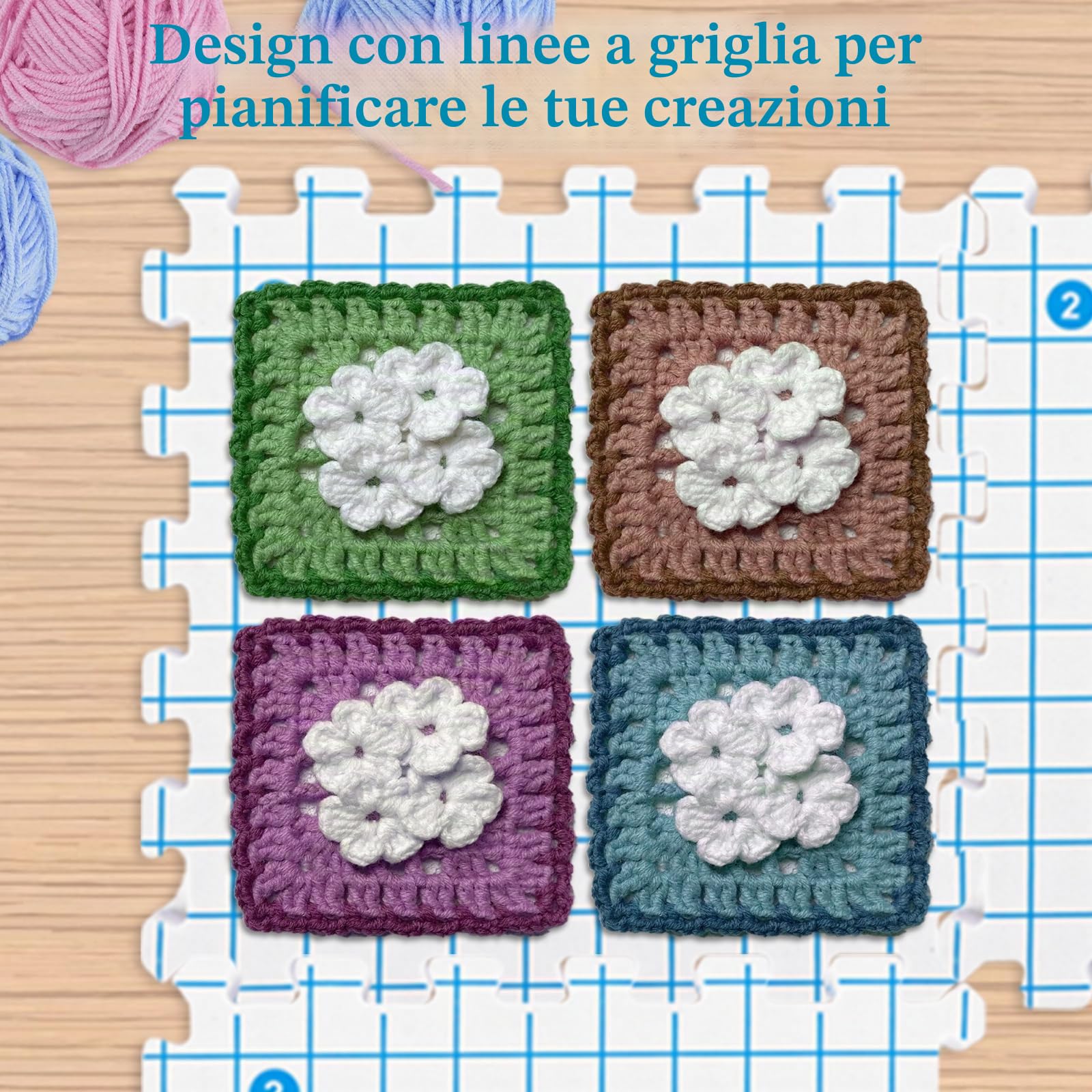 DAJAVE Granny Square Spanner - Set di 9 tappetini per lavorare a maglia con griglia, 100 ferri a T stabili per lavorare a maglia, uncinetto, punta all'uncinetto, 9 pezzi