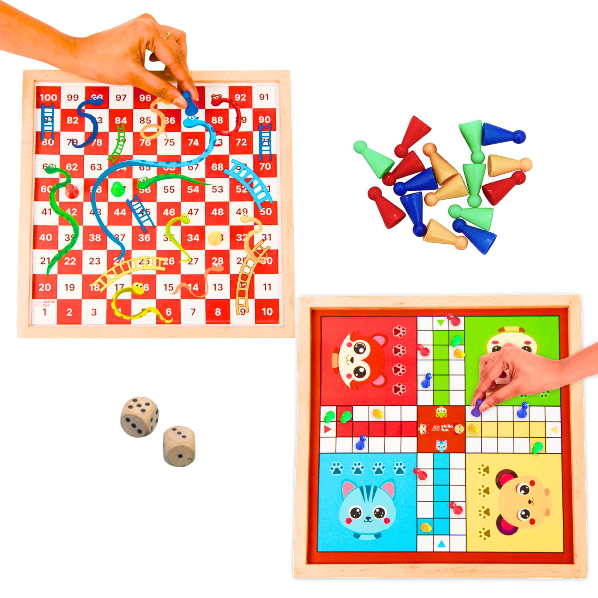 Skillofun Wooden Ludo & Snakes and Ladders Board Game Set | Magnetic Family Games for Adults and Kids | Perfect for Early Learning & Family Excitment | Beautiful Colors & Learning Fun | Board Games