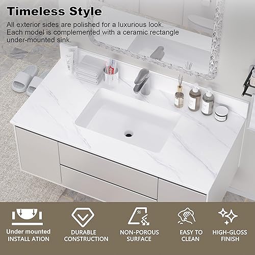 Miniatura 36 de Encimera de tocador de mármol de 43 pulgadas con fregadero, encimera de piedra de ingeniería con fregadero de cerámica y protector contra blanco