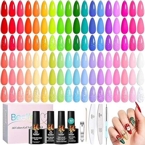 Beetles Christmas Gel Nail Polish Set, 36 Colors Neon Rainbow Bright Color Gel Polish Set with Base Coat Glossy Matte & Glitter Top Coat Pink Red Yellow Manicure Vivid Whimsy Gifts for Women