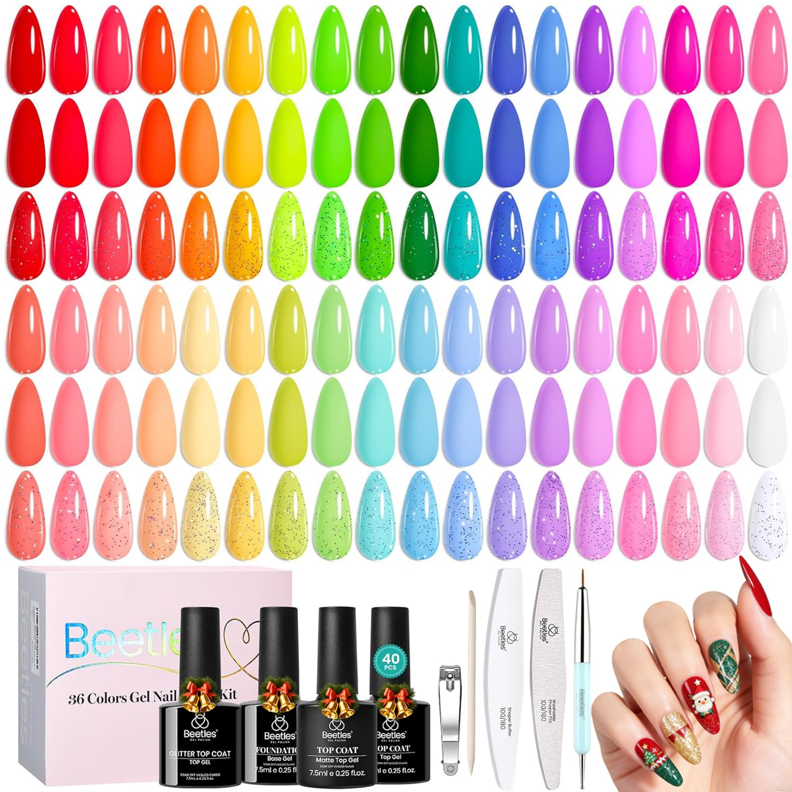 Beetles Gel Nail Polish Set, 36 Colors Neon Rainbow Bright Color Gel Polish Set with Base Coat Glossy Matte & Glitter Top Coat Pink Red Yellow Manicure Vivid Whimsy Gifts for Women
