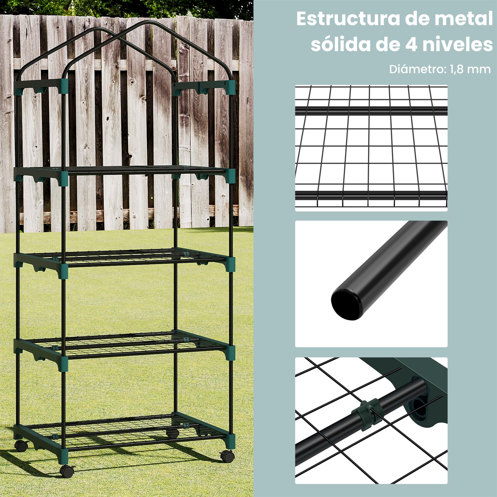 WOLTU Invernadero para Plantas, Invernadero Movil con Ruedas, Cubierta de PE 130g/m², con 4 Estantes, Puerta Enrollable con Cremallera, Blanco, 70x50x162 cm | Invernadero semitransparente para tomates con puerta enrollable, protección de invierno para pla