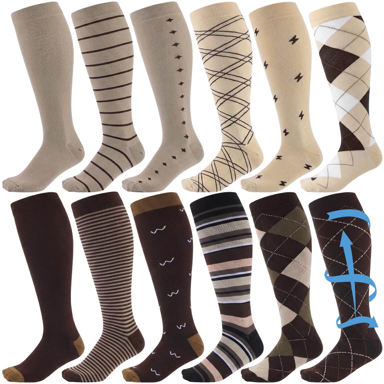 Shyyween 12 Pairs Men Knee High Compression Socks