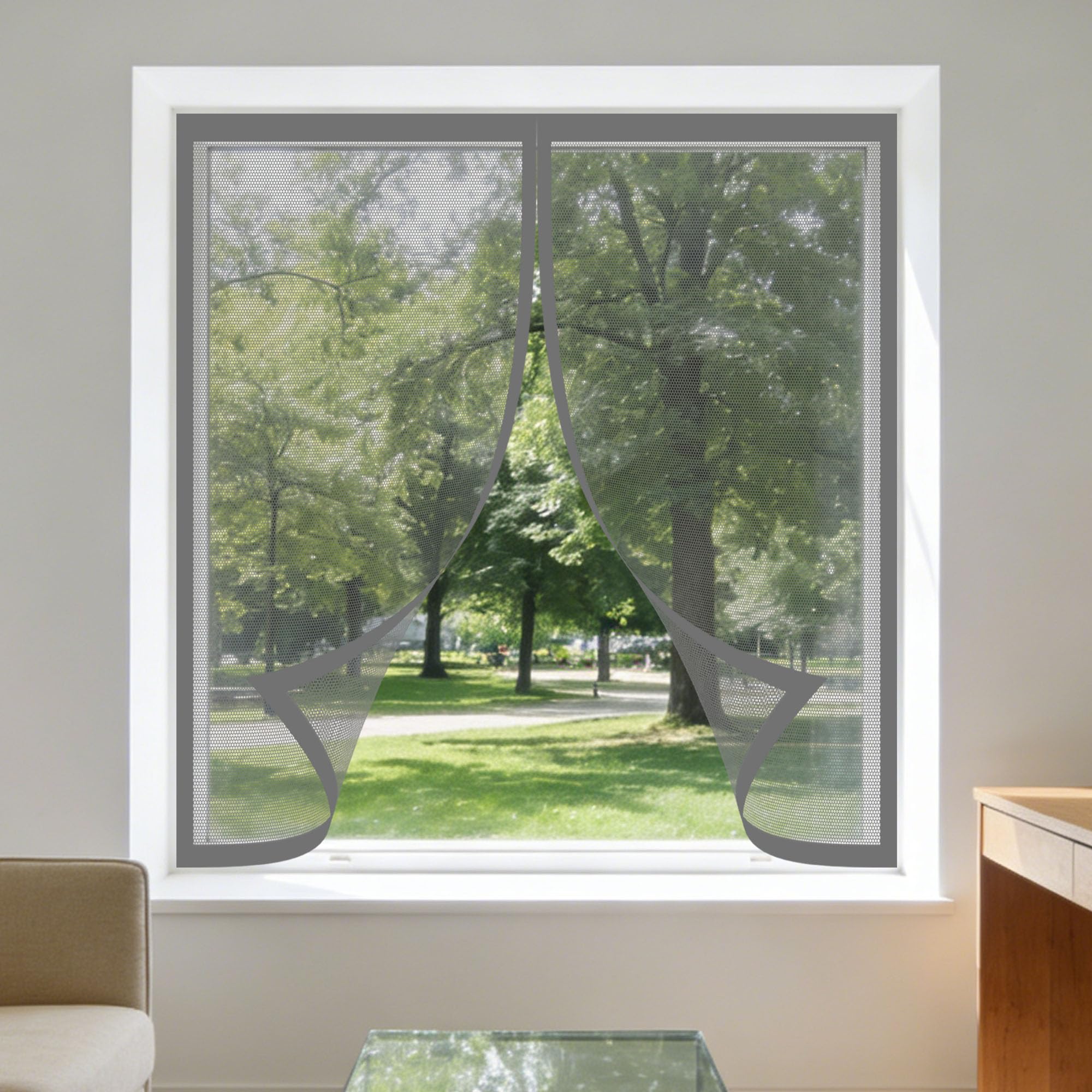 Magnetic Fly Screen Window 165 x 135 cm with Selfadhesive Reinforced Thickened Window Screen Custom Size for Living Room Bedroom Offfice, Grey