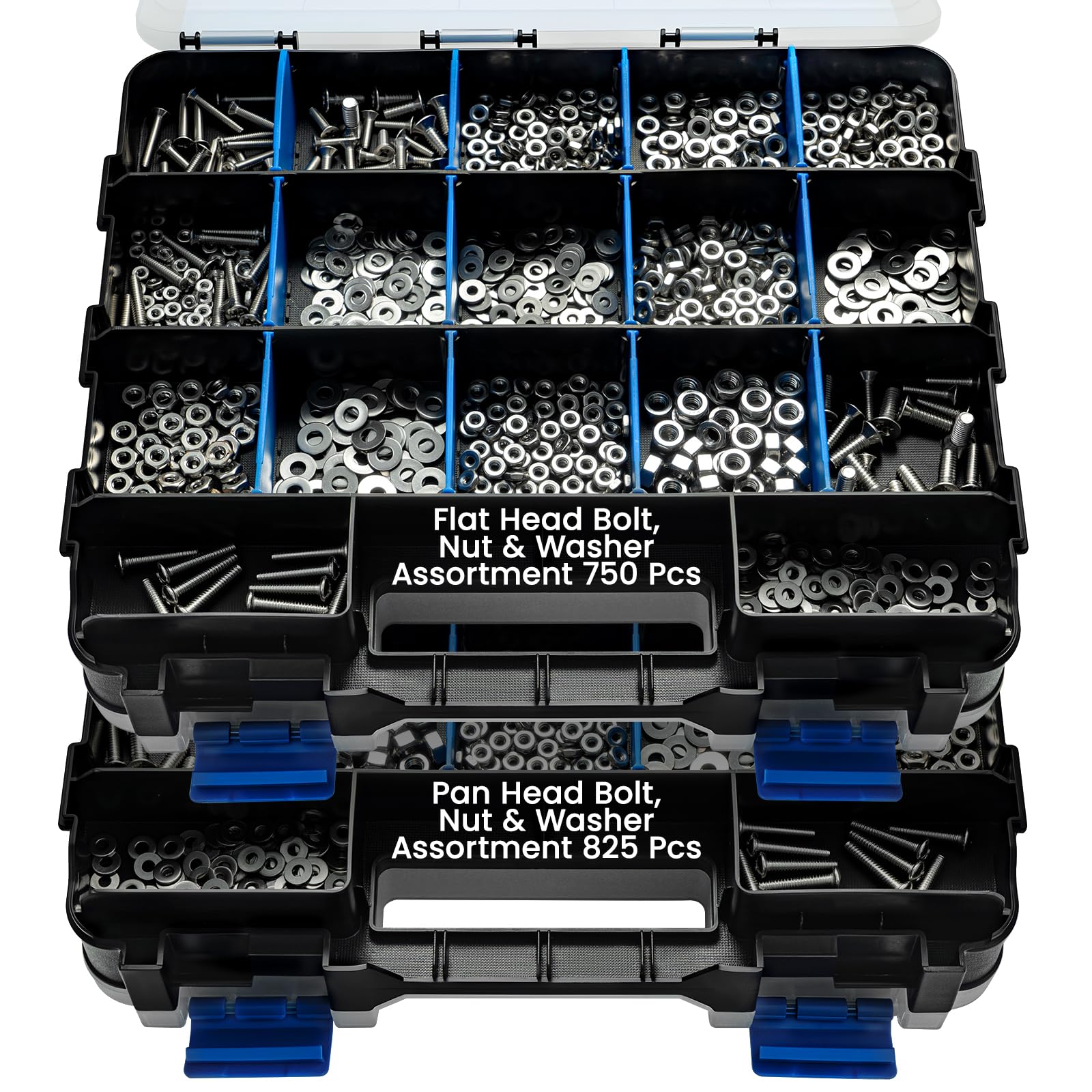 M.J COMFY-LIFE 1575 PCS Premium Hardware Assortment Kit, Stainless Steel Phillips Pan Head & Flat Head Screws with Assorted Nuts Bolts Washers, Heavy Duty Stackable Organizer Case (blue)