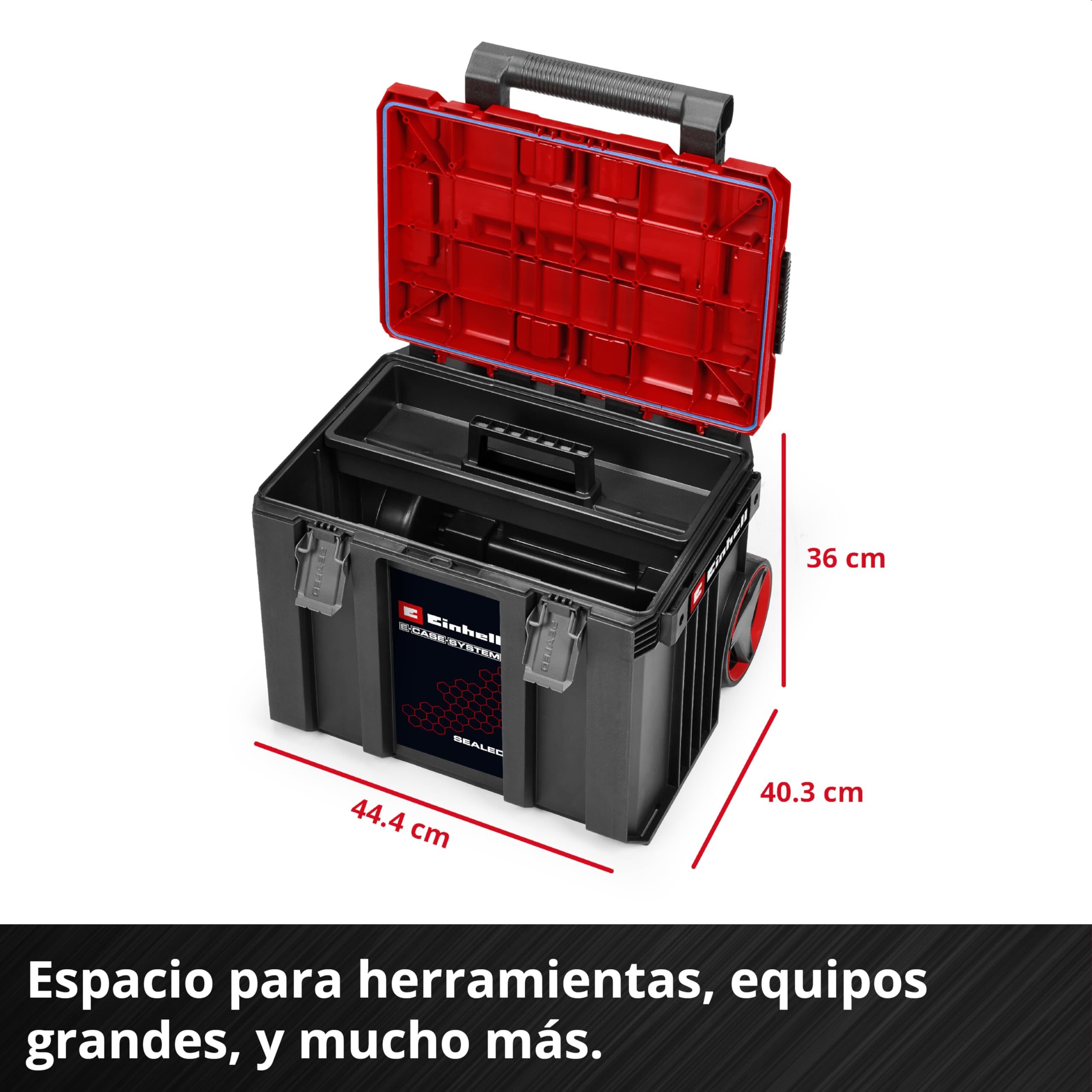 Original Einhell E-Case L SEALED (sistema E-Case, máx. 120 kg, a prueba de polvo + a prueba de chorros de agua, asa de trolley, compatible con E-Case Half Size, extensible, 44 x 40 x 36 cm)