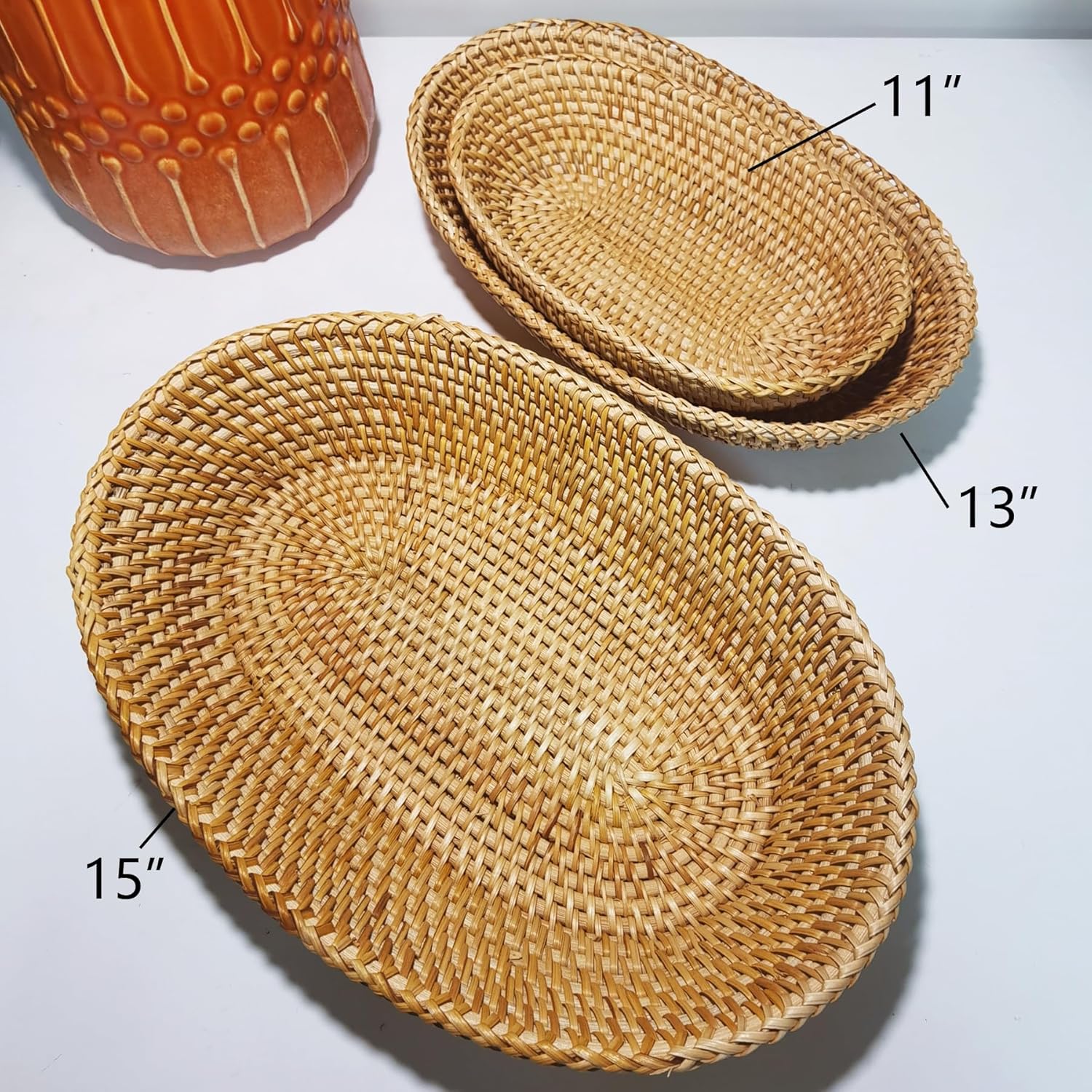 i-lan Set of 3 High Wall Oval Rattan Bread Baskets (15/13/11 Inch) - Woven Wicker Serving Bowls for Sourdough, Rolls & Fruit, Long Narrow Nesting Trays for Coffee Table Decor