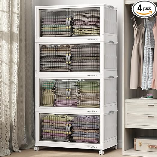 480Qt Stackable Storage Bins with Lid, Extra Large Closet Organizer Collapsible Drawer Boxes with Wheels, Folding Plastic Cabinet Containers for Home Kitchen Room Organization, 4Pack White