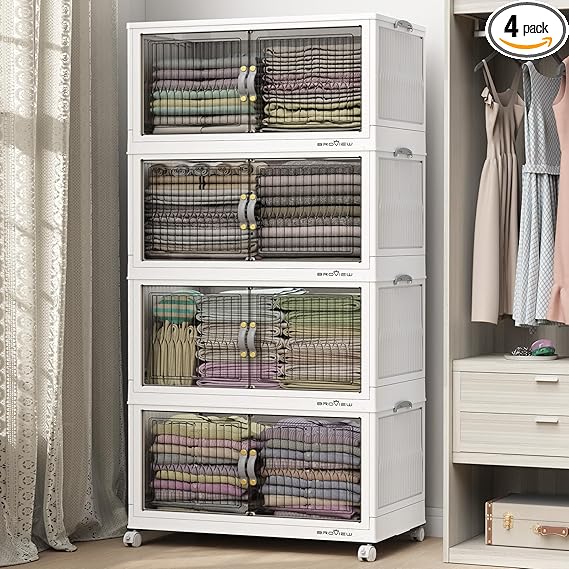 480Qt Stackable Storage Bins with Lid, Extra Large Closet Organizer Collapsible Drawer Boxes with Wheels, Folding Plastic Cabinet Containers for Home Kitchen Room Organization, 4Pack White