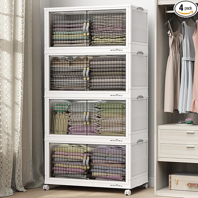480Qt Stackable Storage Bins with Lid, Extra Large Closet Organizer Collapsible Drawer Boxes with Wheels, Folding Plastic Cabinet Containers for Home Kitchen Room Organization, 4Pack White