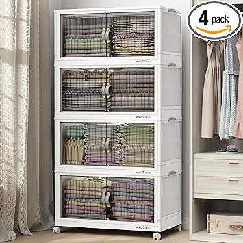 480Qt Stackable Storage Bins with Lid, Extra Large Closet Organizer Collapsible Drawer Boxes with Wheels, Folding Plastic Cabinet Containers for Home Kitchen Room Organization, 4Pack White