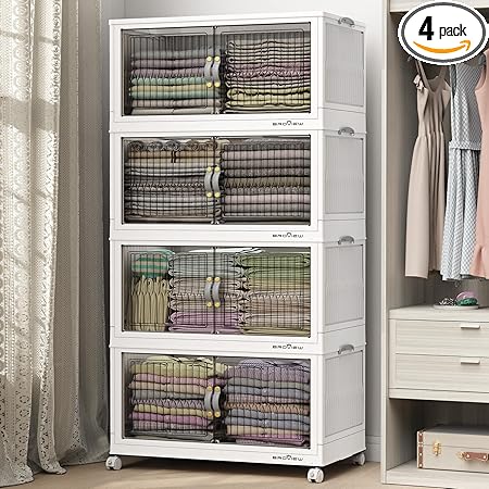 480Qt Stackable Storage Bins with Lid, Extra Large Closet Organizer Collapsible Drawer Boxes with Wheels, Folding Plastic Cabinet Containers for Home Kitchen Room Organization, 4Pack White