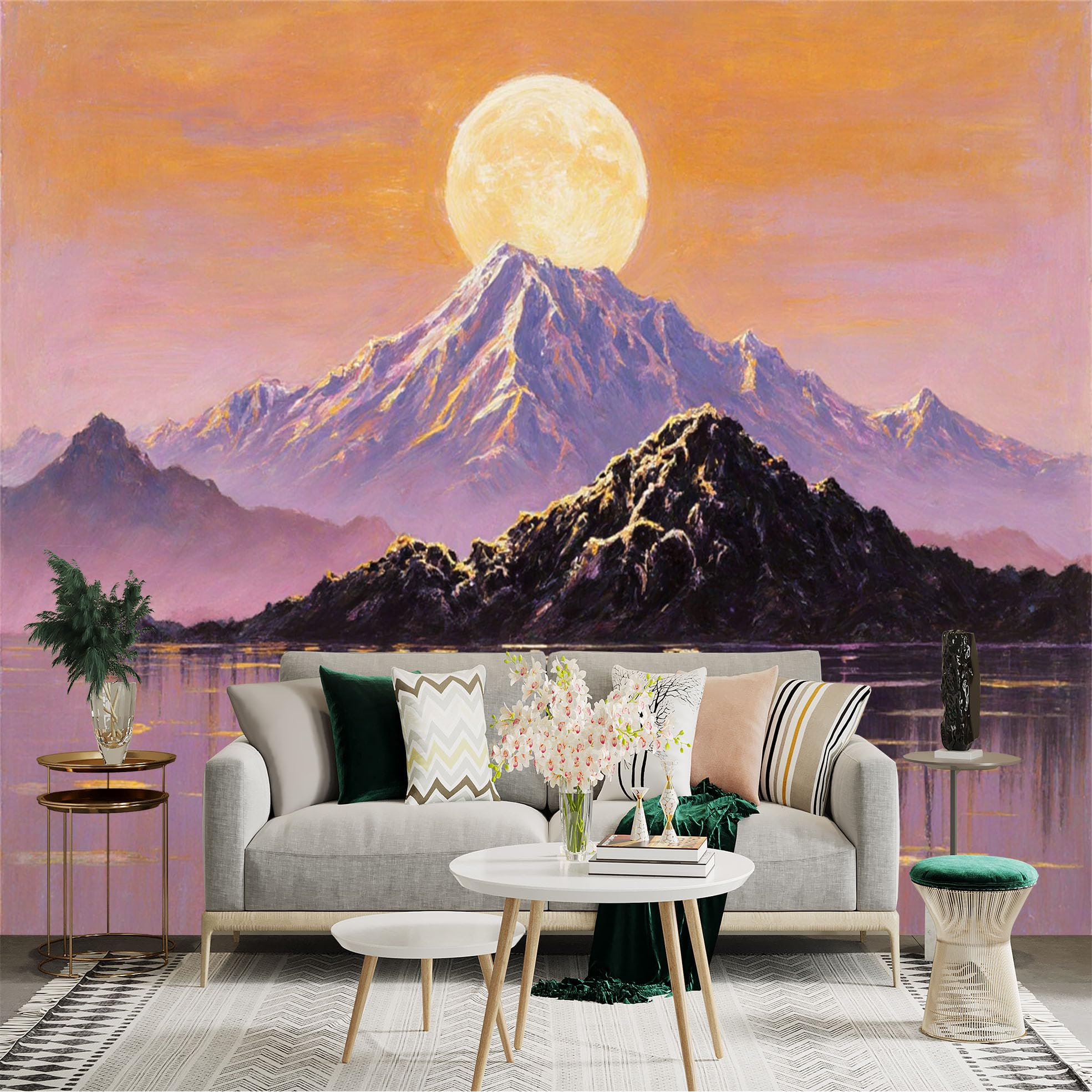 Custom Size Wall Sticker Mural， Sunset Mountain Landscape with Lake Reflection and Golden Sky， for wall Decoration， peelandstick wall Decals.